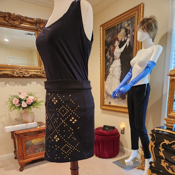 BEBE Bodycon Miniskirt Small Black Semistretch Gold colored Accents - Picture 5 of 12